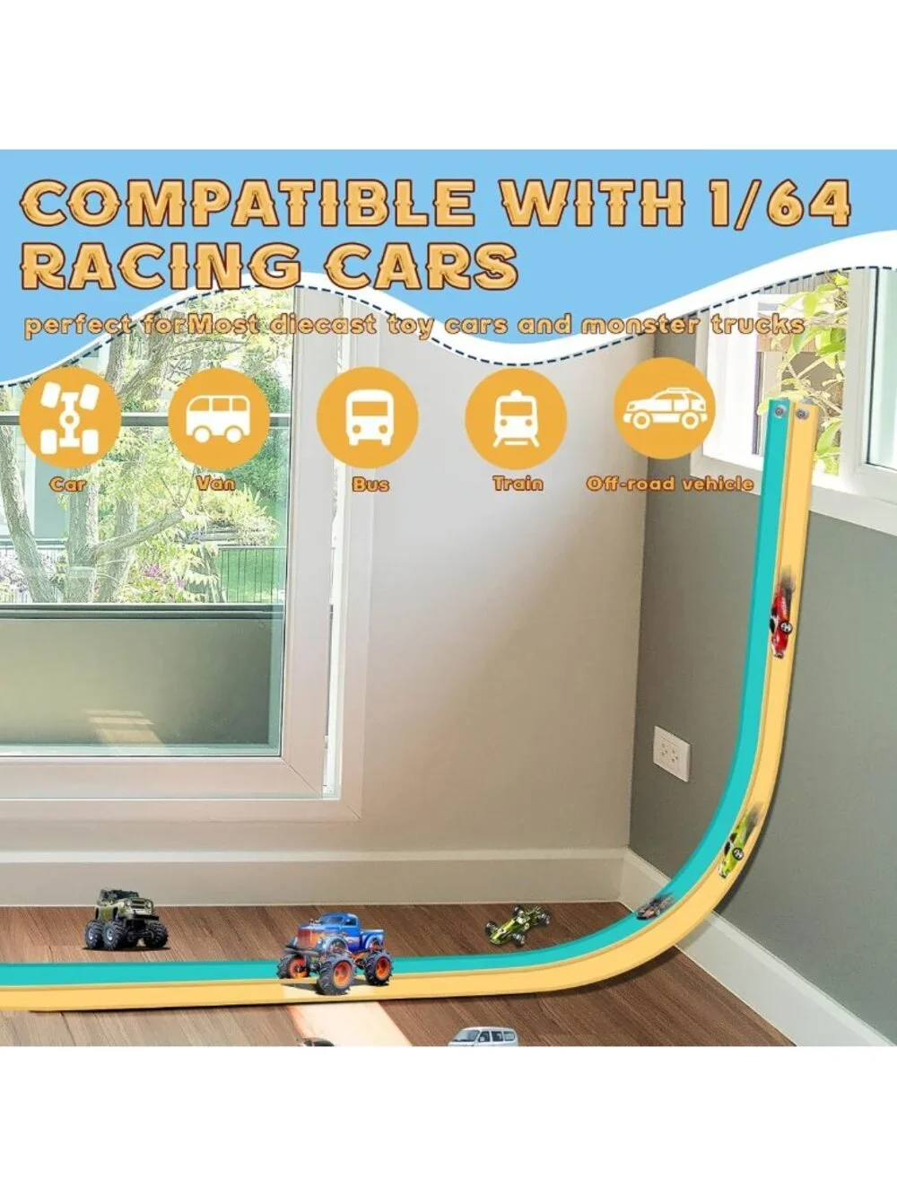 Flexible Race Car Track Set 15 Ft for Kids, Suction Cup Ramp, Compatible with